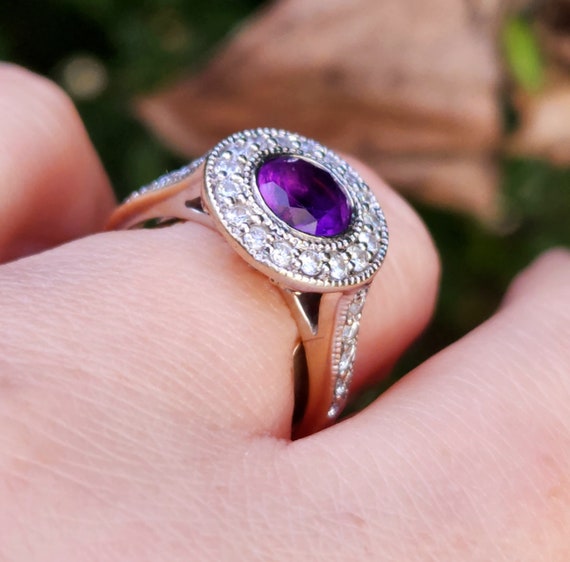 Art Deco Style Amethyst Diamond Halo Engagement R… - image 5