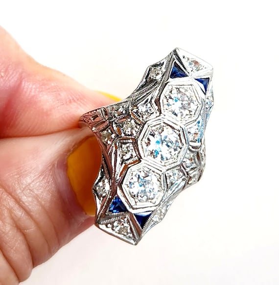 1920s Huge Platinum Diamond Art Deco Ring with Ap… - image 7