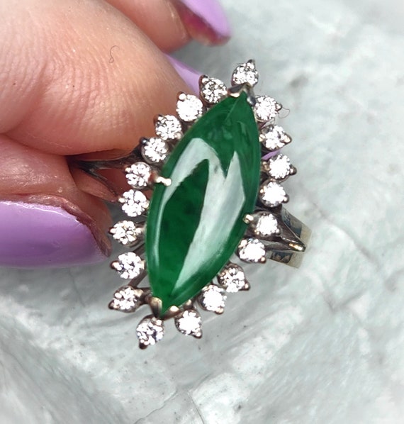 1950s Emerald Green Jade Diamond Navette Ring 14K… - image 2