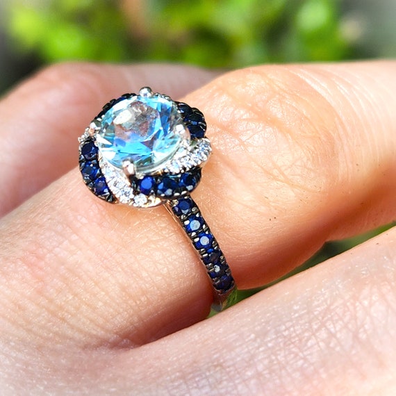 Amazing Aquamarine Sapphire Diamond 14K Floral En… - image 2