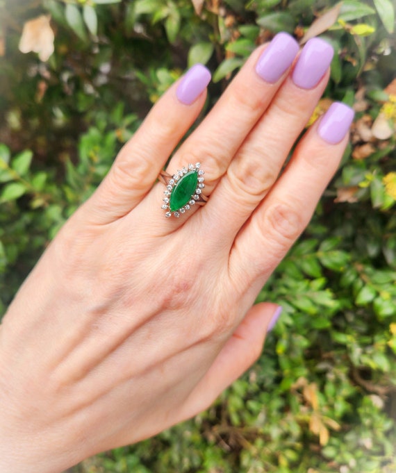 1950s Emerald Green Jade Diamond Navette Ring 14K… - image 3