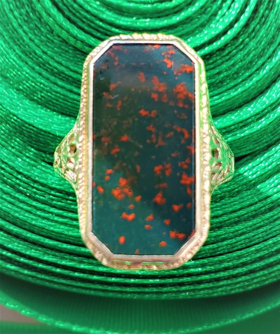 Art Nouveau Bloodstone 10K Signet Style Filigree R