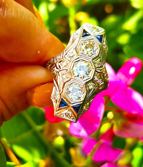 1920s Huge Platinum Diamond Art Deco Ring with Ap… - image 1