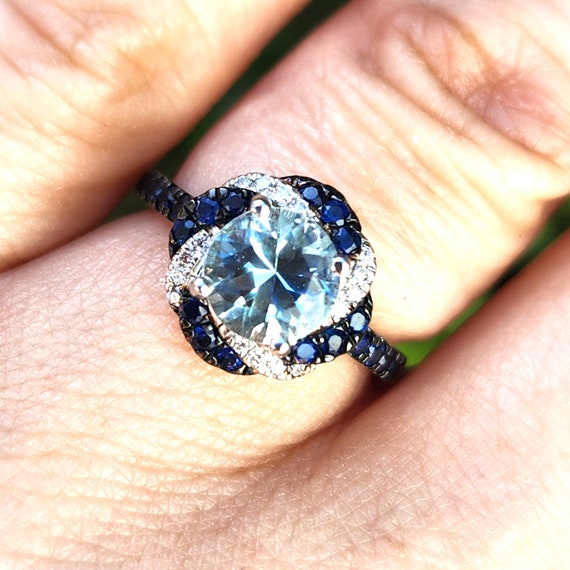 Amazing Aquamarine Sapphire Diamond 14K Floral En… - image 4