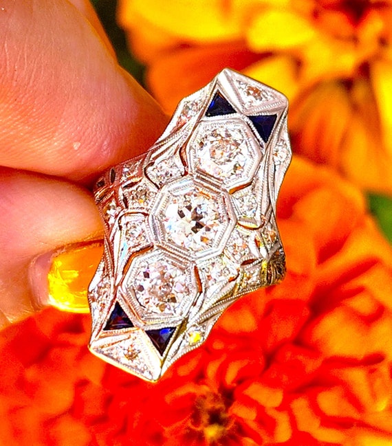 1920s Huge Platinum Diamond Art Deco Ring with Ap… - image 3