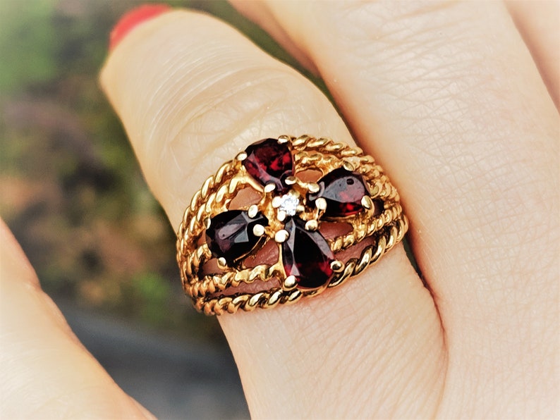 Victorian Style Deep Red Pyrope Garnet Diamond Wide Cigar Band 14K Statement Ring January Birthstone Vintage Estate Rope Floral Motif Gift