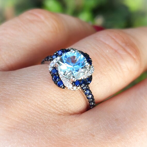 Amazing Aquamarine Sapphire Diamond 14K Floral En… - image 6