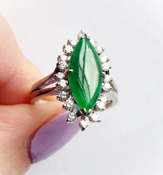 1950s Emerald Green Jade Diamond Navette Ring 14K… - image 9