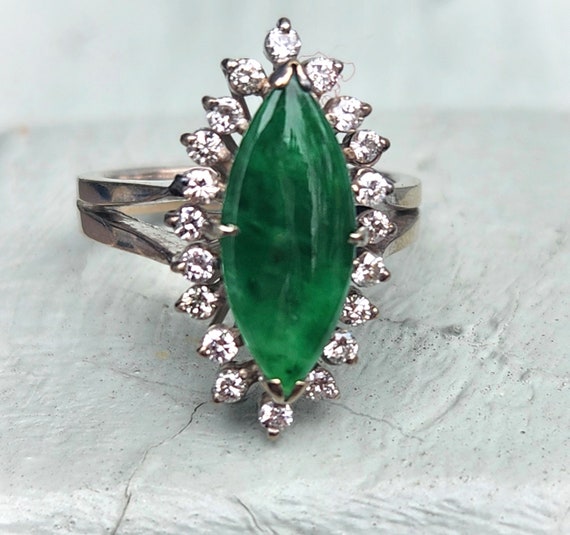 1950s Emerald Green Jade Diamond Navette Ring 14K… - image 5