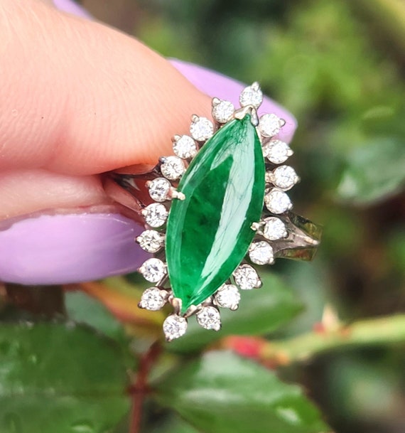 1950s Emerald Green Jade Diamond Navette Ring 14K… - image 1