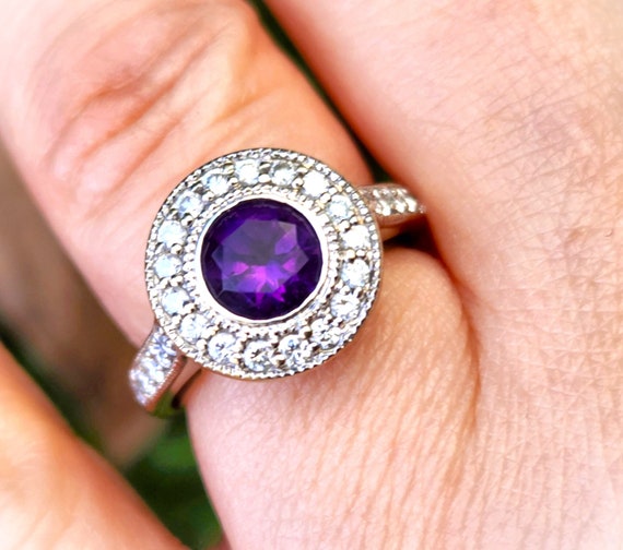 Art Deco Style Amethyst Diamond Halo Engagement R… - image 1