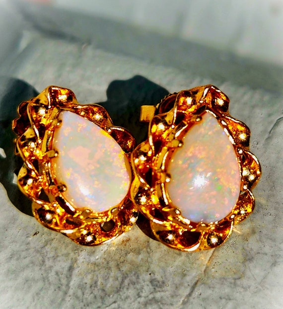1960s Natural Opal Teardrop Shaped Earrings 14K!