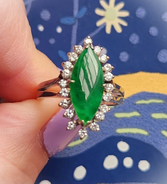 1950s Emerald Green Jade Diamond Navette Ring 14K… - image 4
