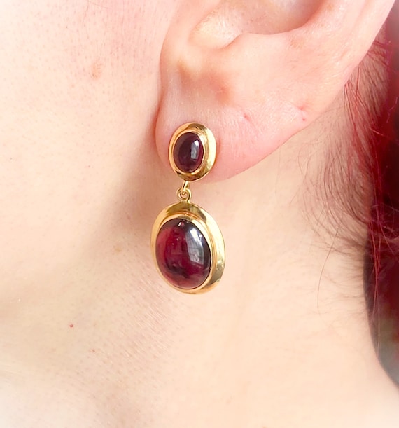 Classic Natural Garnet Cabochon Drop Earrings 14K… - image 2