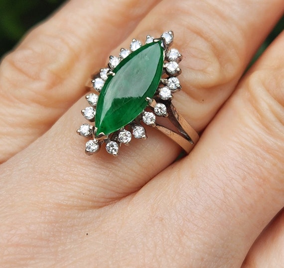 1950s Emerald Green Jade Diamond Navette Ring 14K… - image 8