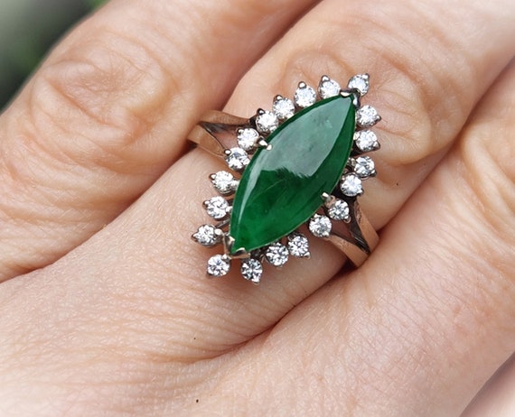 1950s Emerald Green Jade Diamond Navette Ring 14K… - image 7