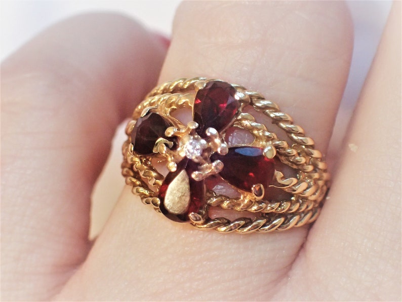 Victorian Style Deep Red Pyrope Garnet Diamond Wide Cigar Band 14K Statement Ring January Birthstone Vintage Estate Rope Floral Motif Gift