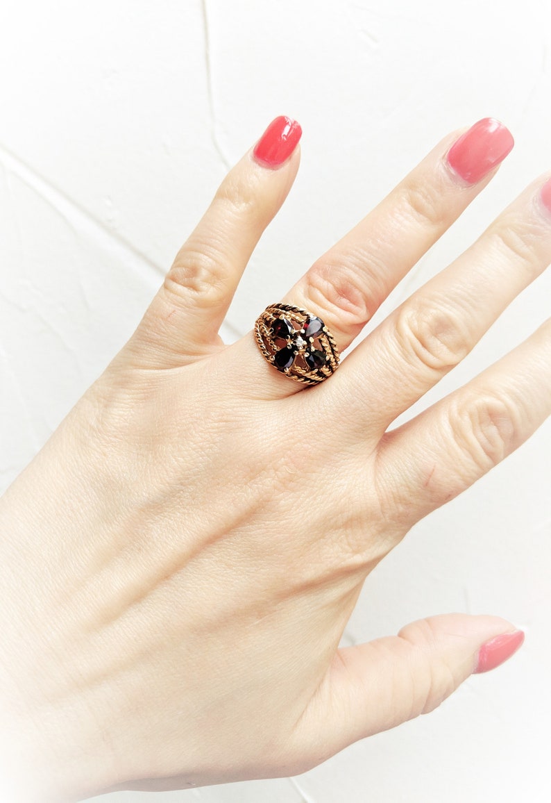 Victorian Style Deep Red Pyrope Garnet Diamond Wide Cigar Band 14K Statement Ring January Birthstone Vintage Estate Rope Floral Motif Gift