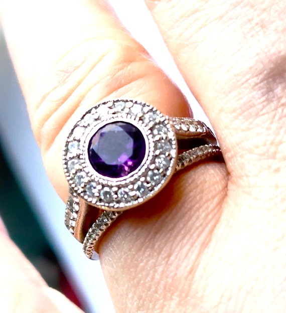 Art Deco Style Amethyst Diamond Halo Engagement R… - image 10