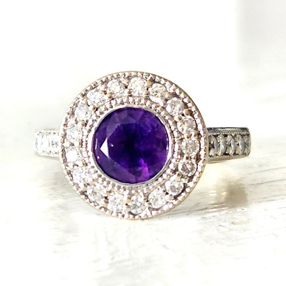 Art Deco Style Amethyst Diamond Halo Engagement R… - image 2