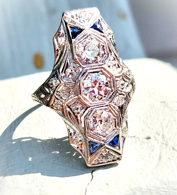 1920s Huge Platinum Diamond Art Deco Ring with Ap… - image 2