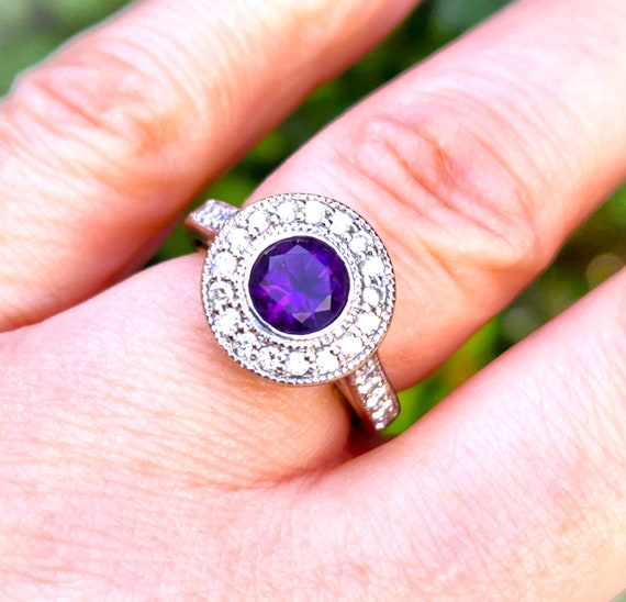 Art Deco Style Amethyst Diamond Halo Engagement R… - image 9