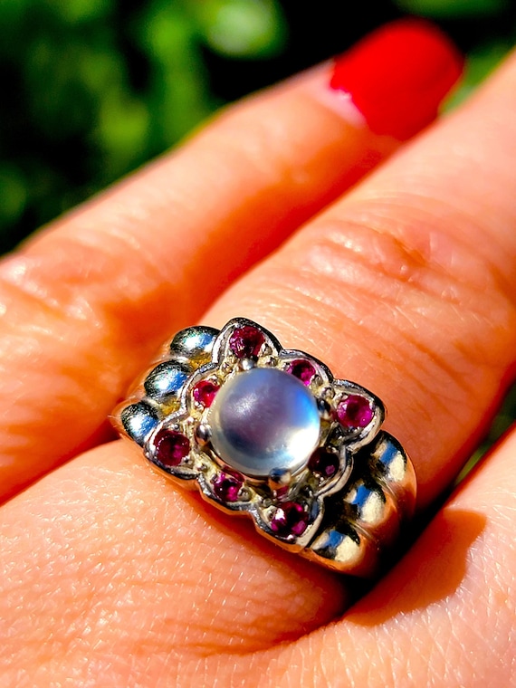 1950s Blue Moonstone Ruby 14K Statement Ring! Vint