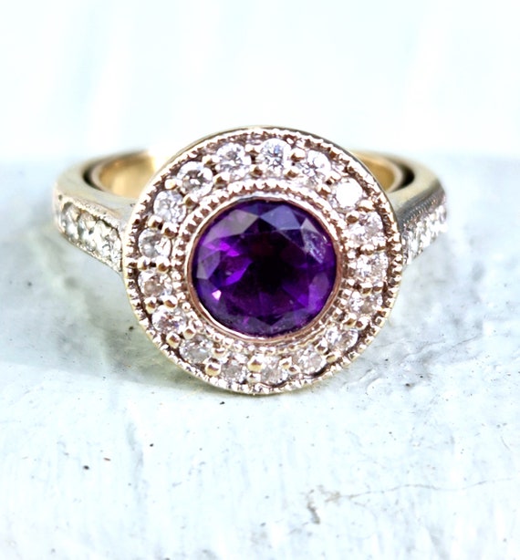 Art Deco Style Amethyst Diamond Halo Engagement R… - image 3