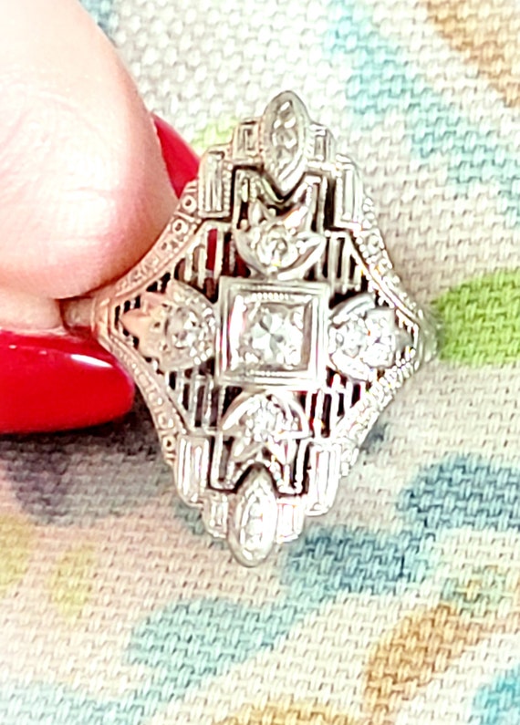 Art Deco 18K Diamond Stoplight Filigree Engagement St… Gem