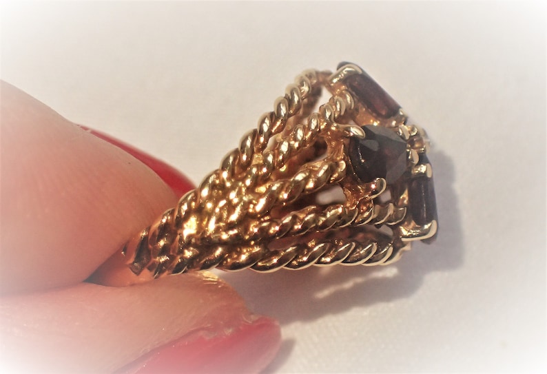 Victorian Style Deep Red Pyrope Garnet Diamond Wide Cigar Band 14K Statement Ring January Birthstone Vintage Estate Rope Floral Motif Gift