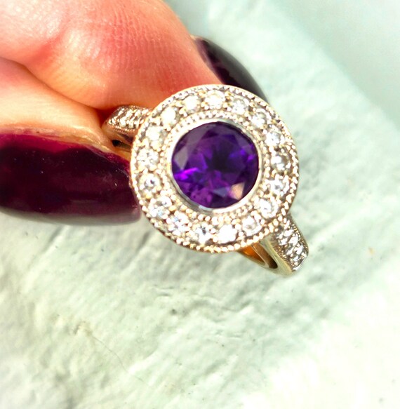 Art Deco Style Amethyst Diamond Halo Engagement R… - image 8