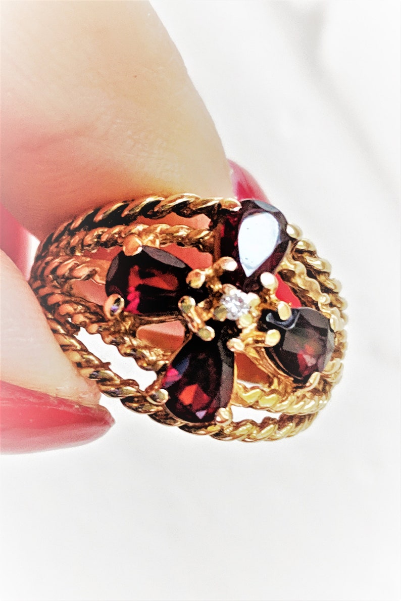 Victorian Style Deep Red Pyrope Garnet Diamond Wide Cigar Band 14K Statement Ring January Birthstone Vintage Estate Rope Floral Motif Gift
