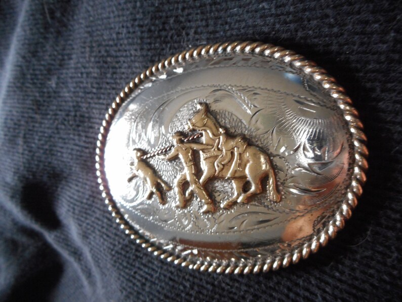 Silver Cowboy Cowgirl Belt Buckle Calf Roping Buckle Hand Engraved Sterling Silver Buckle Yoakum Tex Nice Condition Western Wear Ships Free