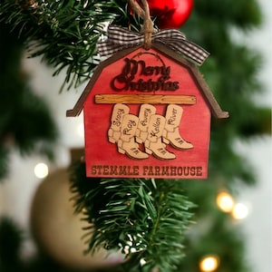 Homestead Holidays - Custom Family Barn & Boots Christmas Ornament