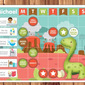 Tableau des tâches, tableau des récompenses ou tableau de routine + cartes de tâches, de comportement et de routine · Thème dinosaure · Fichiers imprimables