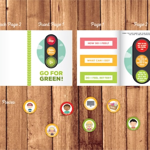 May include: A printable set of cards for children to learn about feelings and coping mechanisms. The cards feature a traffic light theme with the words "Stop", "Calm Down", and "Go" on the light. The cards also include the phrases "How do I feel?", "What can I do?", and "Do I feel better?"