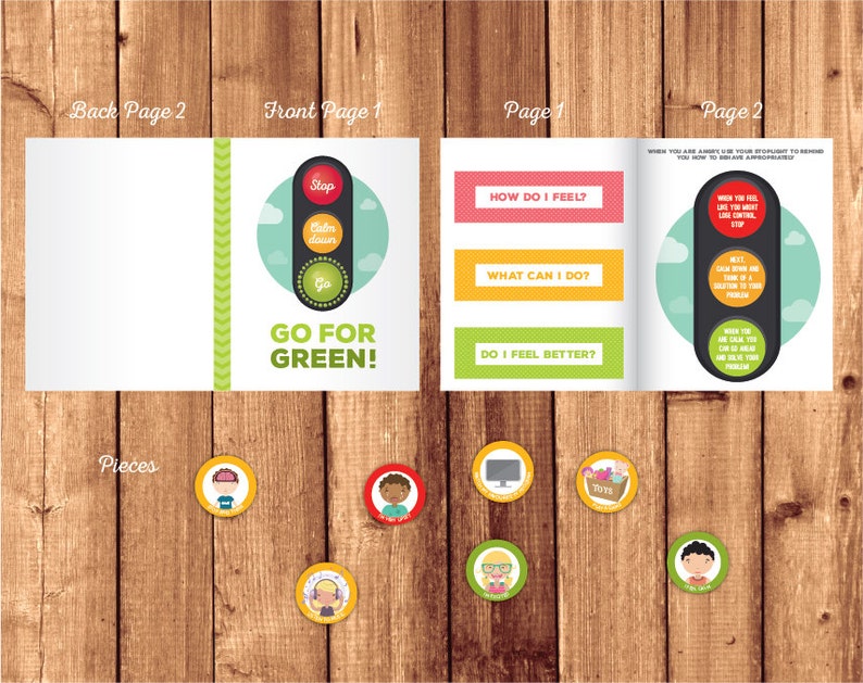 May include: A printable set of cards for children to learn about feelings and coping mechanisms. The cards feature a traffic light theme with the words "Stop", "Calm Down", and "Go" on the light. The cards also include the phrases "How do I feel?", "What can I do?", and "Do I feel better?"