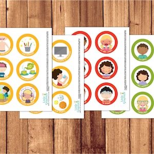 May include: Four sheets of printable stickers with colorful illustrations and text. The stickers are for children and feature different emotions and activities. The text on the stickers includes phrases like "I feel nervous", "I'm very angry", "I'm happy", and "I feel hopeful".