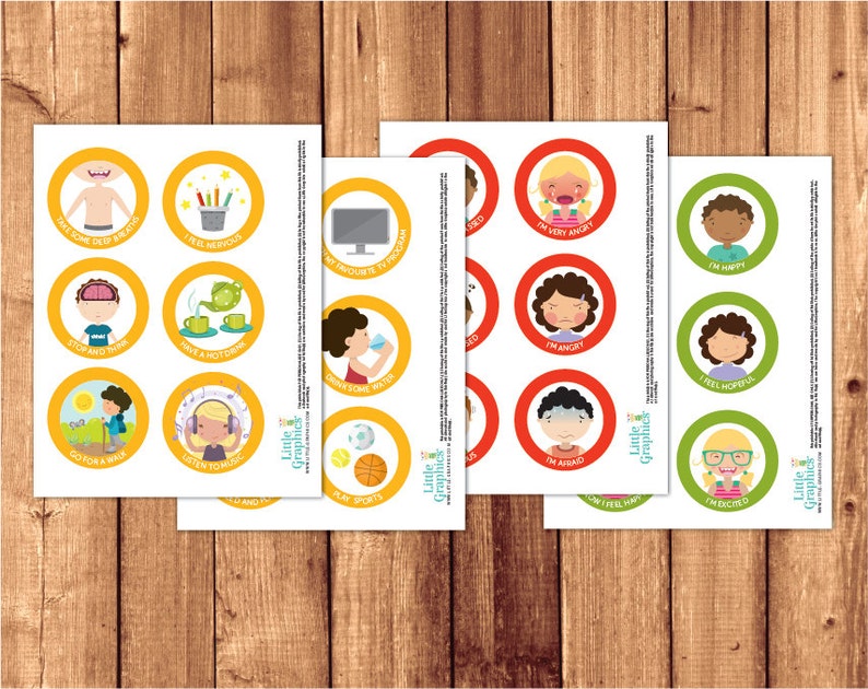 May include: Four sheets of printable stickers with colorful illustrations and text. The stickers are for children and feature different emotions and activities. The text on the stickers includes phrases like "I feel nervous", "I'm very angry", "I'm happy", and "I feel hopeful".