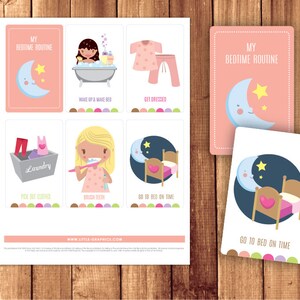 以下が含まれることがあります： 就寝前のルーチン用のイラストとテキストが書かれた印刷可能なカードのセット。カードは、月と星が描かれたピンクとブルーのカラーリングになっています。カードのテキストには、「私の就寝前のルーチン」、「起き出してベッドを整える」、「着替える」、「服を選ぶ」、「歯を磨く」、「時間通りに寝る」、「時間通りに寝る」などが含まれています。