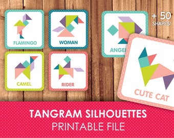 Tangram Silhouettes / Tangram Solutions / Flash Cards / Patterns / Printable & instant download