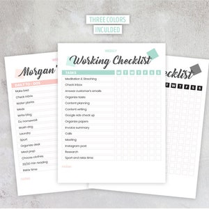 Puede incluir: Una lista de verificación semanal imprimible con un encabezado verde claro y el texto "Working Checklist". La lista de verificación incluye una columna para cada día de la semana y una lista de tareas para completar, como "Meditación y estiramiento", "Verificar bandeja de entrada", "Responder correos electrónicos de clientes", "Organizar tareas", "Planificación de contenido", "Redacción de contenido", "Verificar anuncios de Google", "Organizar documentos", "Resumen de facturas", "Llamadas", "Reunión", "Publicación de Instagram", "Investigación", "Deporte y tiempo de relajación", "Notas".