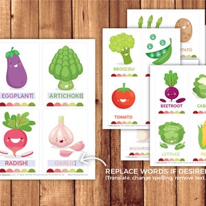 May include: A set of 12 printable flashcards featuring colorful cartoon vegetables with names. The vegetables include eggplant, artichoke, radish, garlic, broccoli, tomato, beetroot, cabbage, lettuce, pear, and potato.