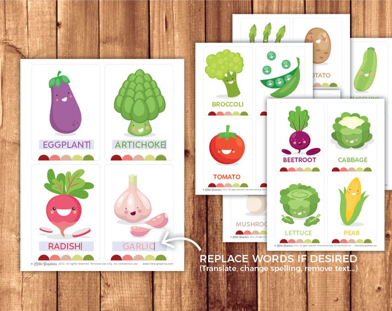 May include: A set of 12 printable flashcards featuring colorful cartoon vegetables with names. The vegetables include eggplant, artichoke, radish, garlic, broccoli, tomato, beetroot, cabbage, lettuce, pear, and potato.