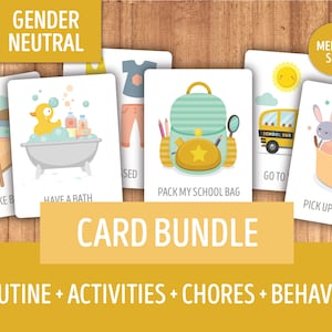 Puede incluir: Un conjunto de tarjetas flash de género neutro para niños. Las tarjetas presentan ilustraciones de actividades, tareas y rutinas. El texto en las tarjetas incluye "Hacer la cama", "Tomar un baño", "Empacar mi mochila", "Ir a" y "Recoger tus juguetes".