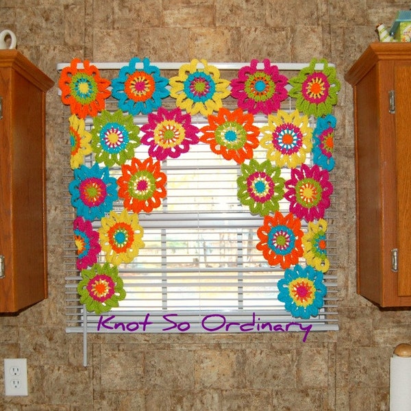 Window Valance, Flower Valance, Kitchen Curtain, Crochet Curtain, Custom Curtain, Crochet Flower, Kitchen Valance, Colorful Curtain