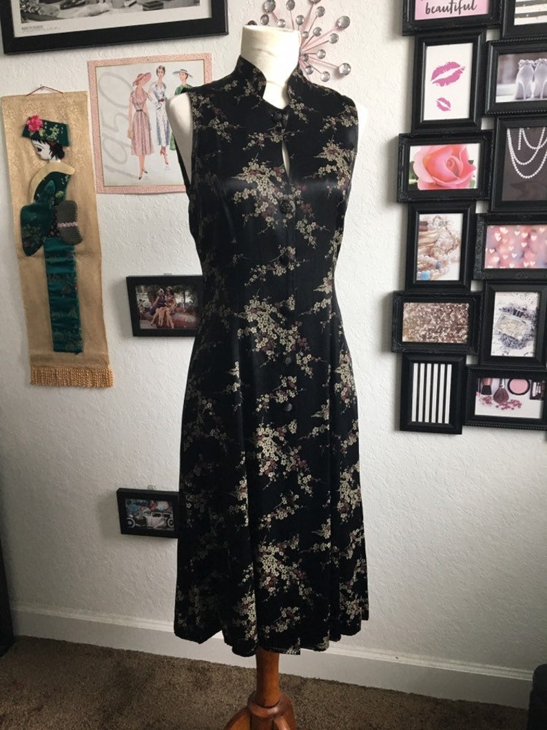 1980s Black Silk Brocade Cheongsam Dress image 1