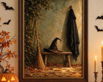 Witch Hat and Broom Wall Art Print, Vintage Style Halloween Decor, Rustic Witchy Cottage Art, Fall Home Decor - H3739
