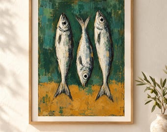 Sardine Fish Art Print, Green and Mustard Kitchen Wall Art, Rustic Coastal Decor for Dining Room - H3746