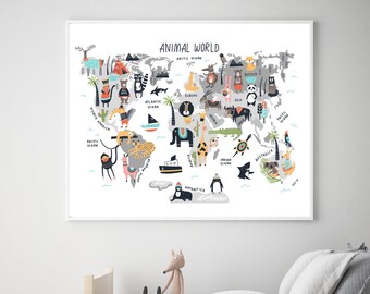 World map for nursery - Animal world map print - Printable world map kids - World map wall art - Kids world map printable - World map poster